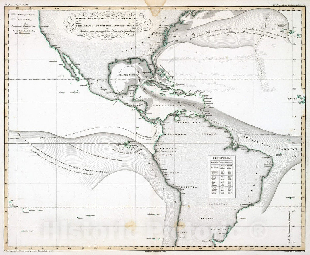 Historic Map : South America, Atlantic; Pacific 1840 Der Warme Meeresstrom Des Atlantischen. , Vintage Wall Art