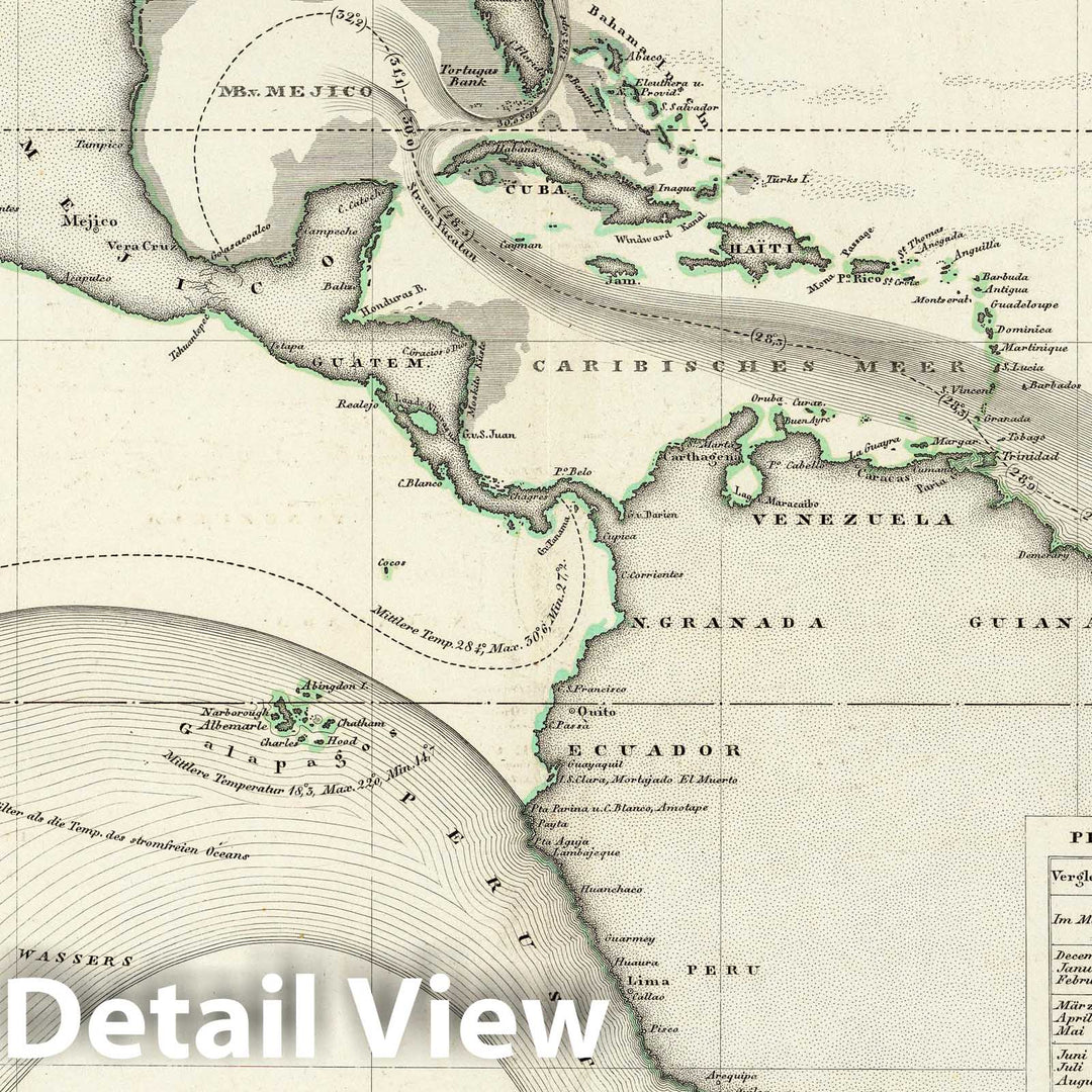 Historic Map : South America, Atlantic; Pacific 1840 Der Warme Meeresstrom Des Atlantischen. , Vintage Wall Art