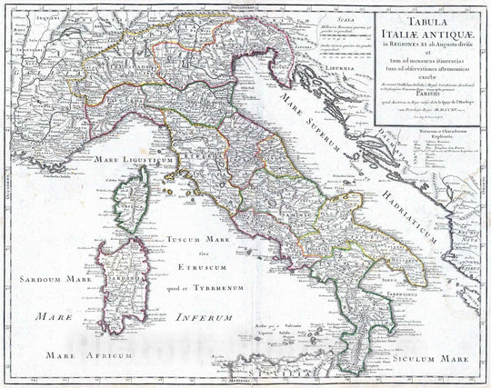 Historic Wall Map : Italy, 1715 Tabula Italiae Antiquae in regiones XI ab Augusto divisae. , Vintage Wall Art