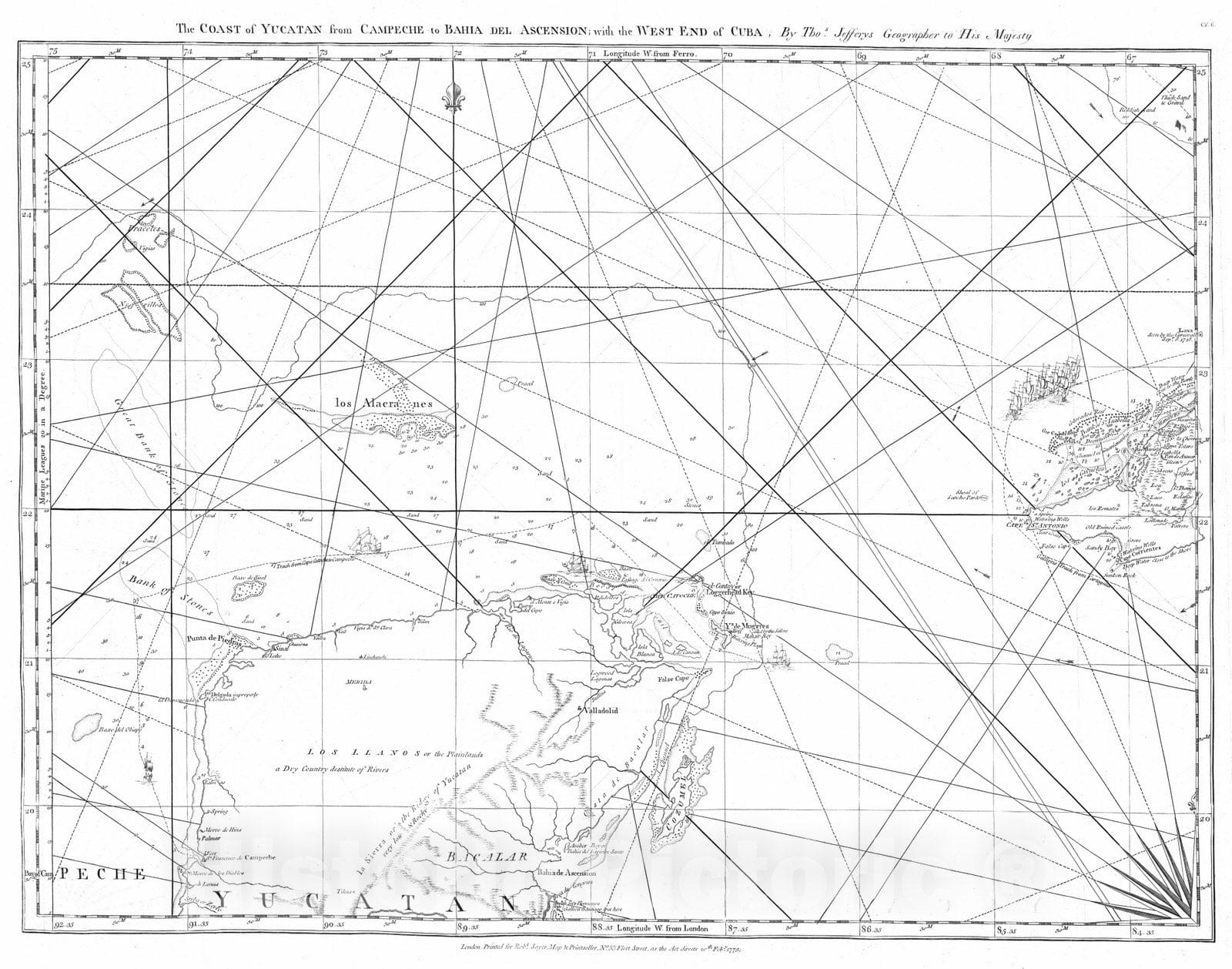 Historic Map : 1775 The coast of Yucatan from Campeche to Bahia del Ascension; with the west end of Cuba. - Vintage Wall Art