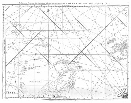 Historic Map : 1775 The coast of Yucatan from Campeche to Bahia del Ascension; with the west end of Cuba. - Vintage Wall Art