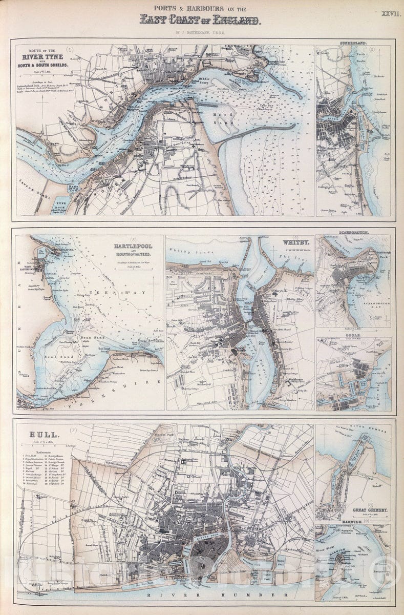 Historic Map : 1872 Ports & Harbours on the East Coast of England. - Vintage Wall Art