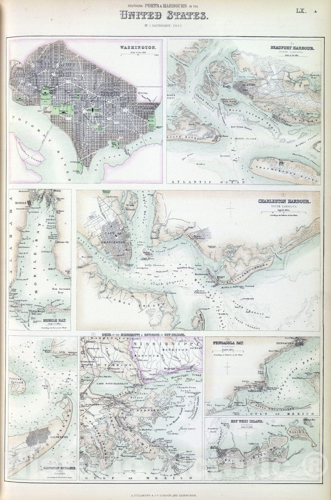 Historic Map : 1872 Southern Ports & Harbours in the United States. - Vintage Wall Art