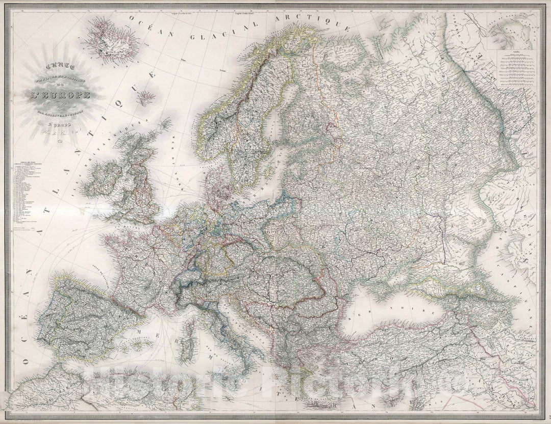 Historic Map : Turkey, , Europe 1853 Composite Map: Carte Physique and Politique de l'Europe. , Vintage Wall Art