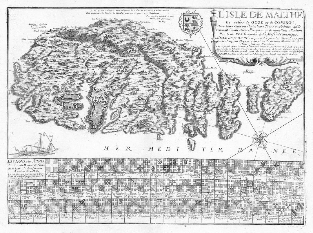 Historic Map : Malta, 1722 L'isle de Malthe , Vintage Wall Art