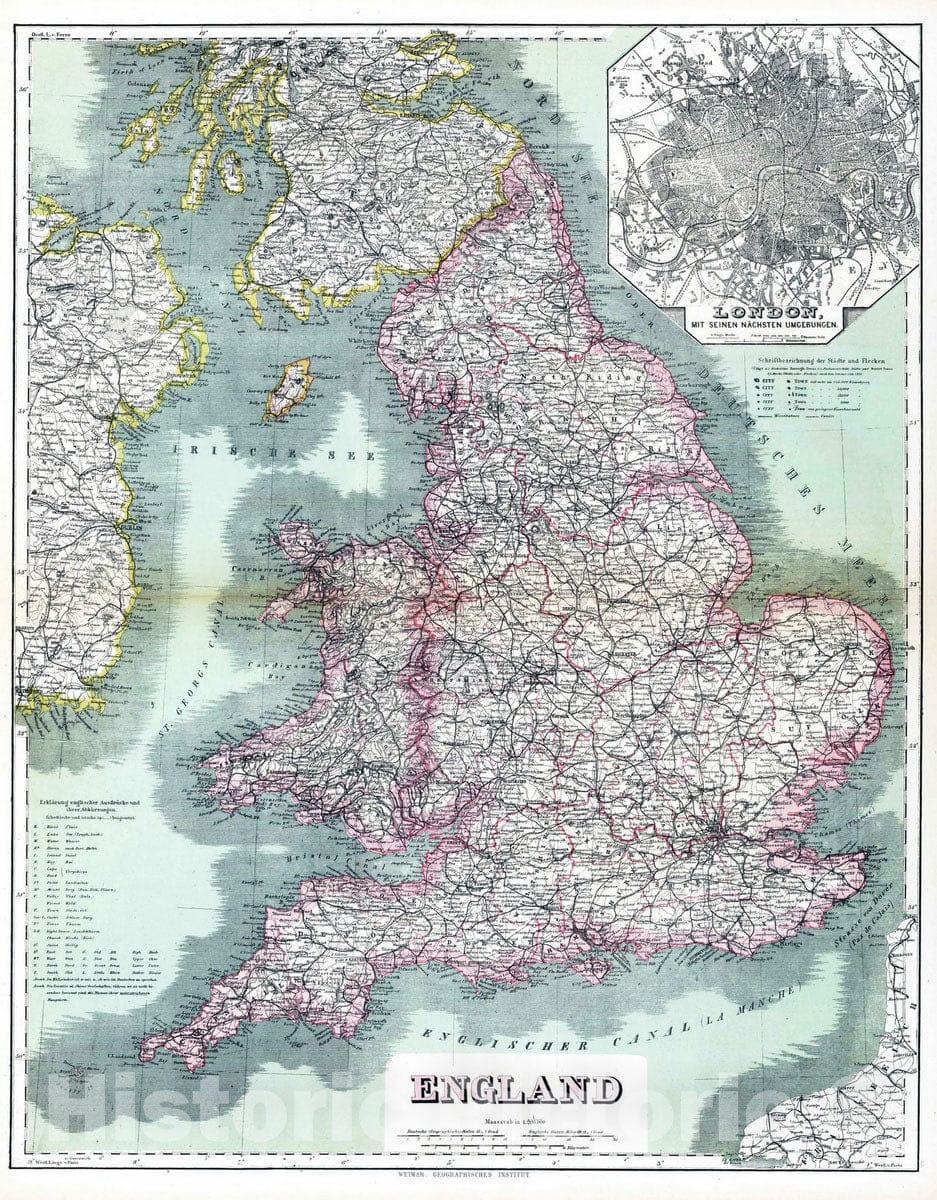 Historic Wall Map : 1886 England. - Vintage Wall Art