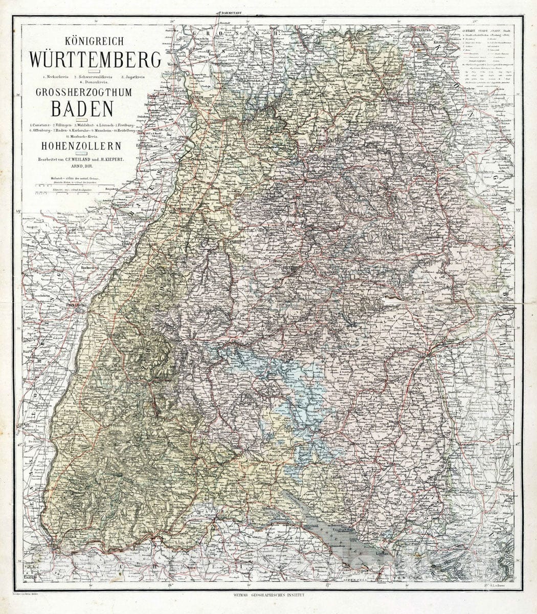 Historic Map : 1879 Kingdom Wuerttemberg, the Grand Duchy of Baden, Germany. - Vintage Wall Art