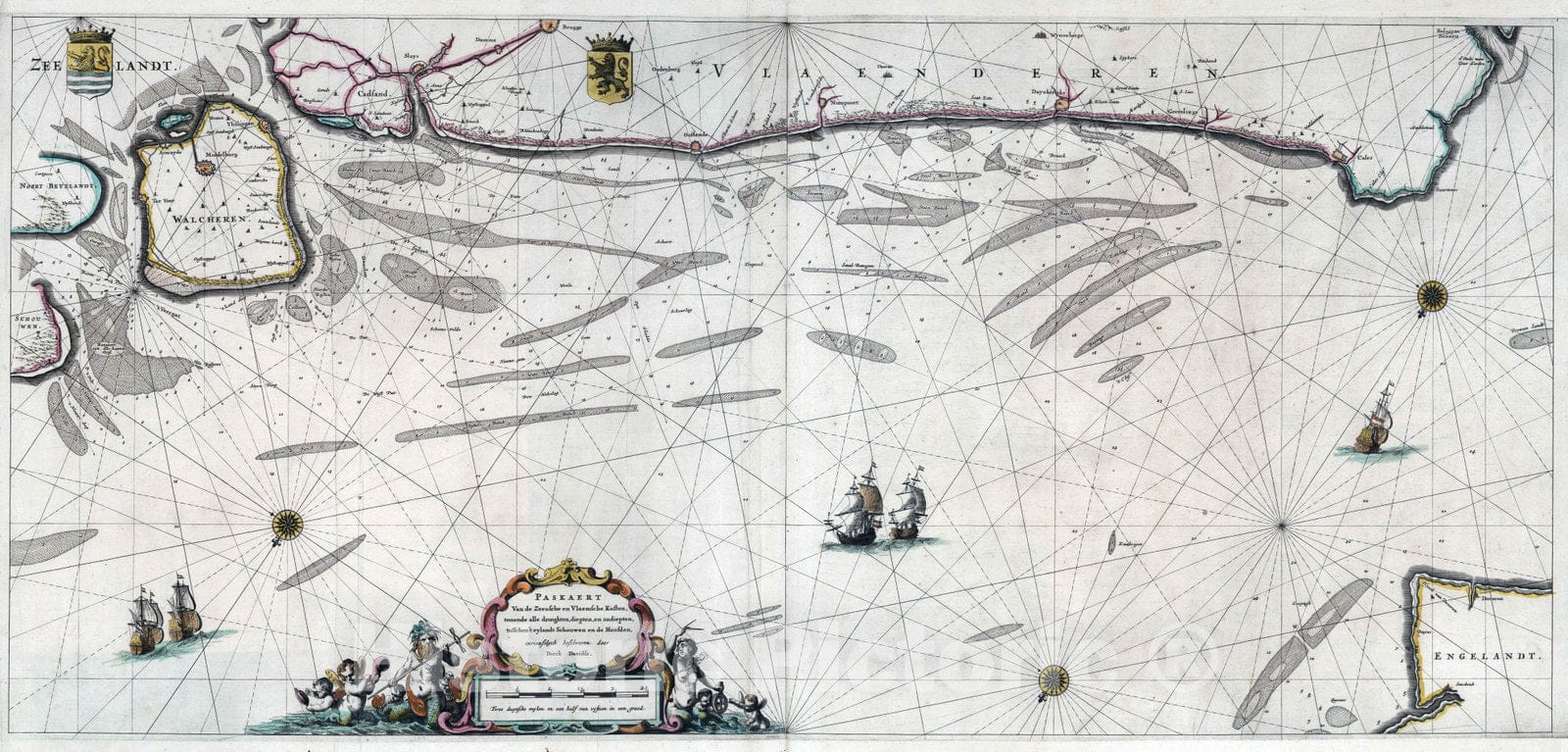 Historic Map : Netherlands, North Sea 1667 Paskaert Van de Zeeufehe en Vlaemsche Kusten. , Vintage Wall Art