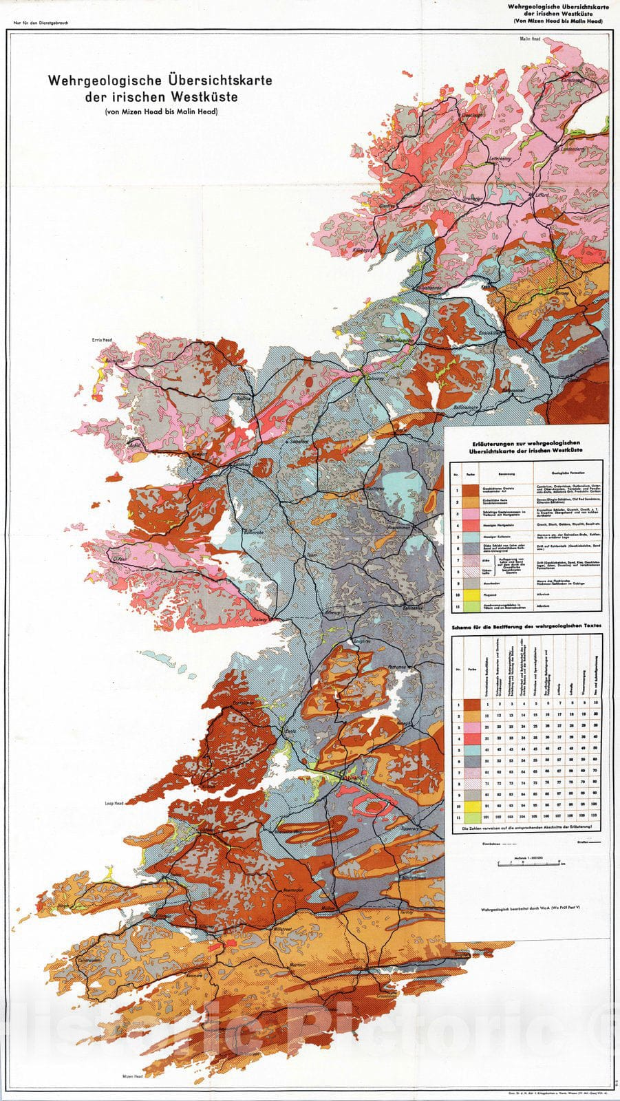 Historic Map : Military Atlas - 1941 Geological Overview Map of the Irish West Coast (from Mizen Head to Malin Head) - Vintage Wall Art