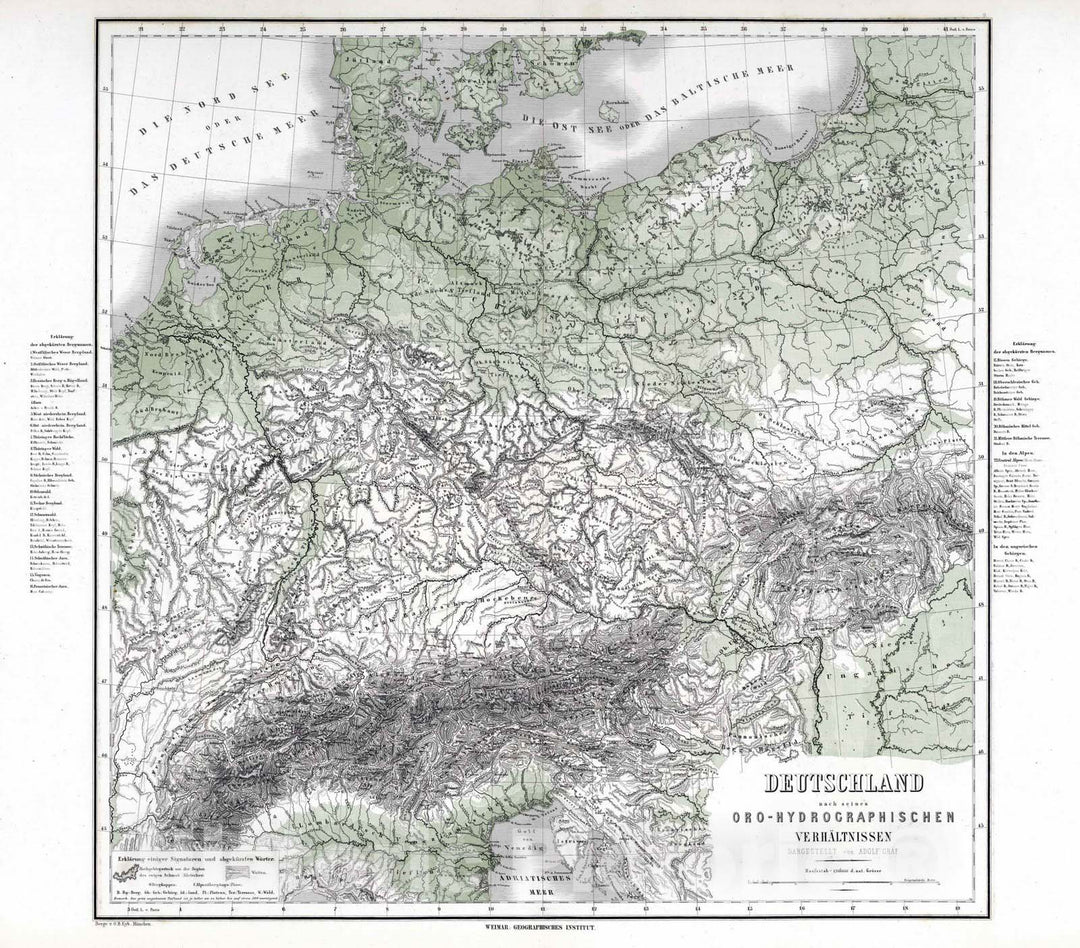 Historic Map : 1875 Germany: Topography and Hydrography. - Vintage Wall Art