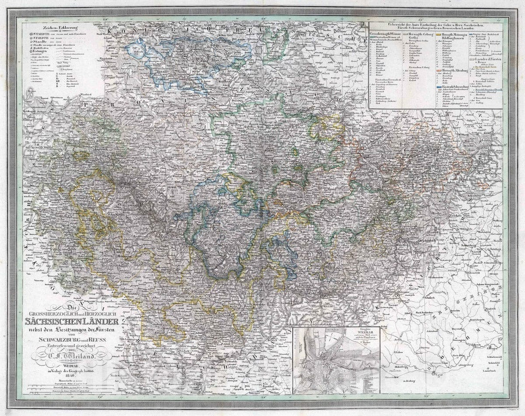 Historic Map : 1840 Grand Ducal and Ducal Saxon countries, Germany. - Vintage Wall Art