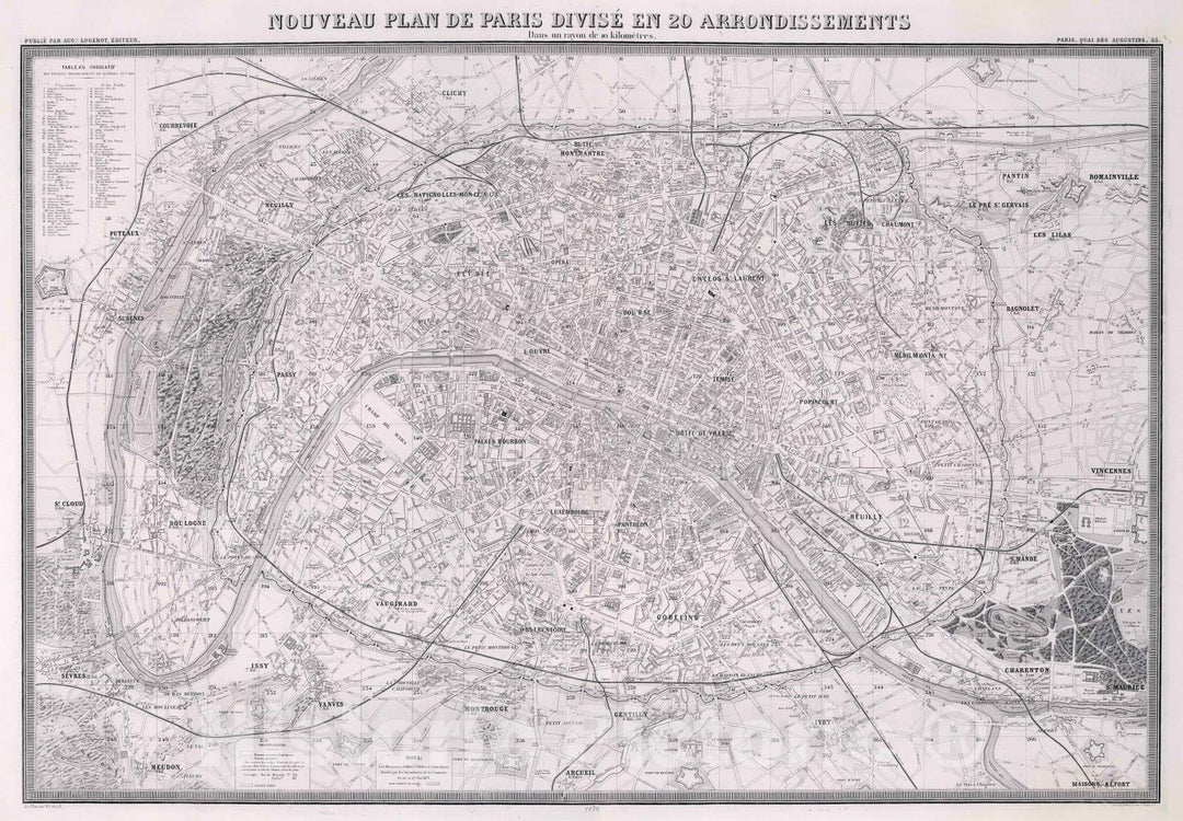 Historic Wall Map : Paris , France, 1876 Nouveau Plan de Paris Divisee en 20 Arrondissements. , Vintage Wall Art