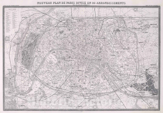 Historic Wall Map : Paris , France, 1876 Nouveau Plan de Paris Divisee en 20 Arrondissements. , Vintage Wall Art