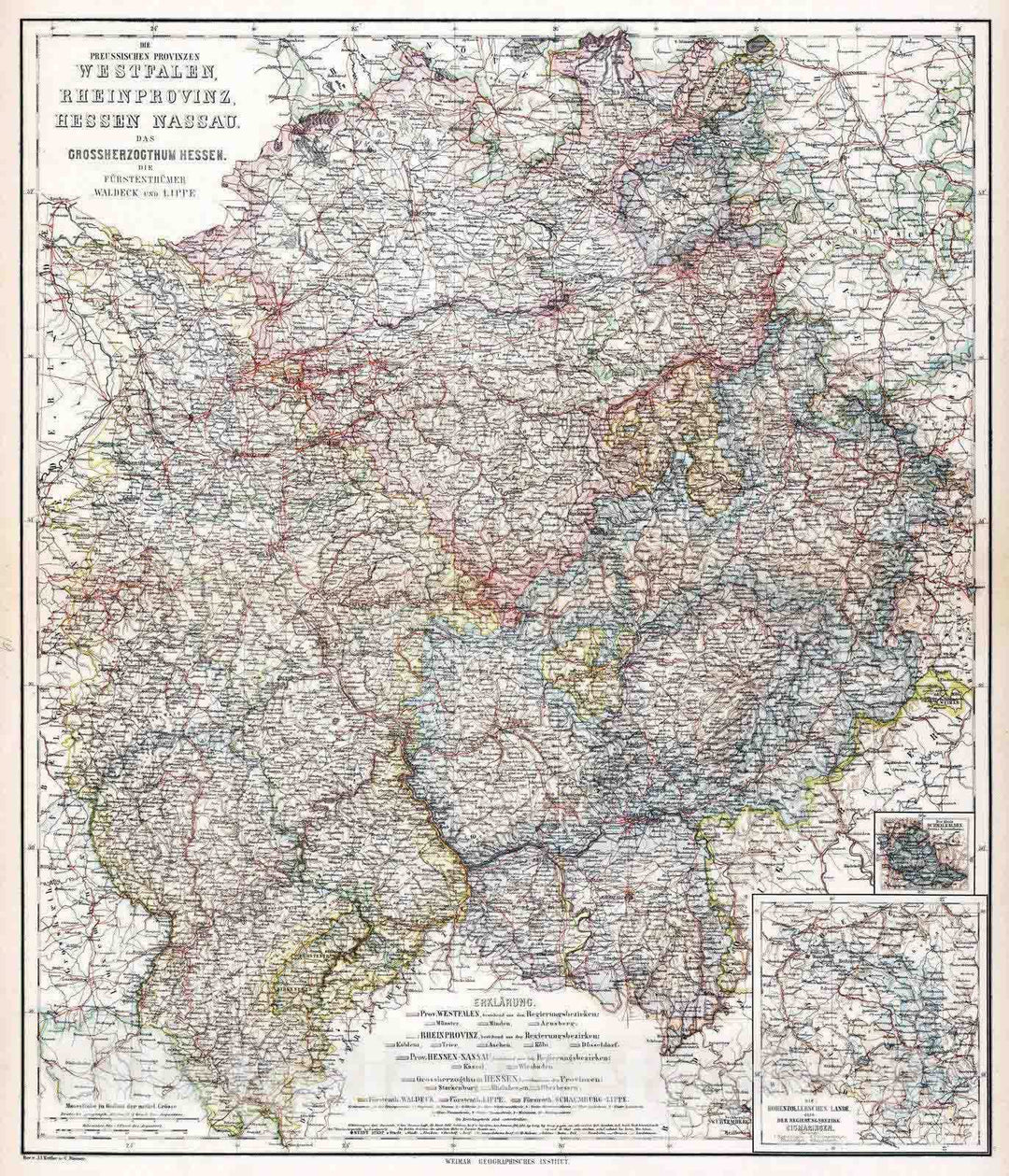 Historic Wall Map : 1886 Westfalen, Rhine Province, Hesse-Nassau, Germany. - Vintage Wall Art