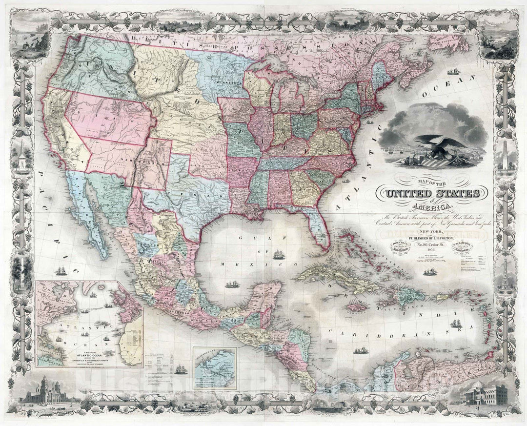 Historic Map : 1852 Composite Map: Map of the United States of America. - Vintage Wall Art