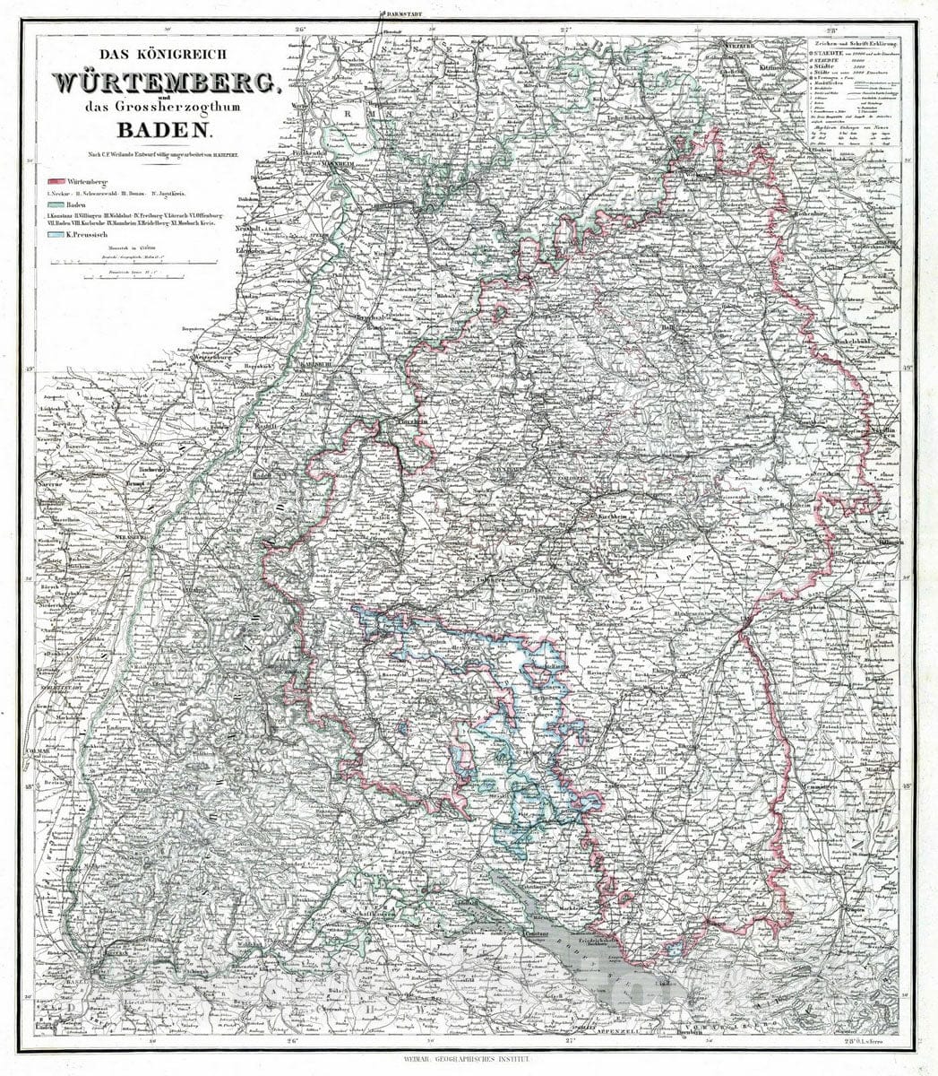 Historic Map : 1875 Kingdom Wuertemberg, the Grand Duchy of Baden, Germany. - Vintage Wall Art