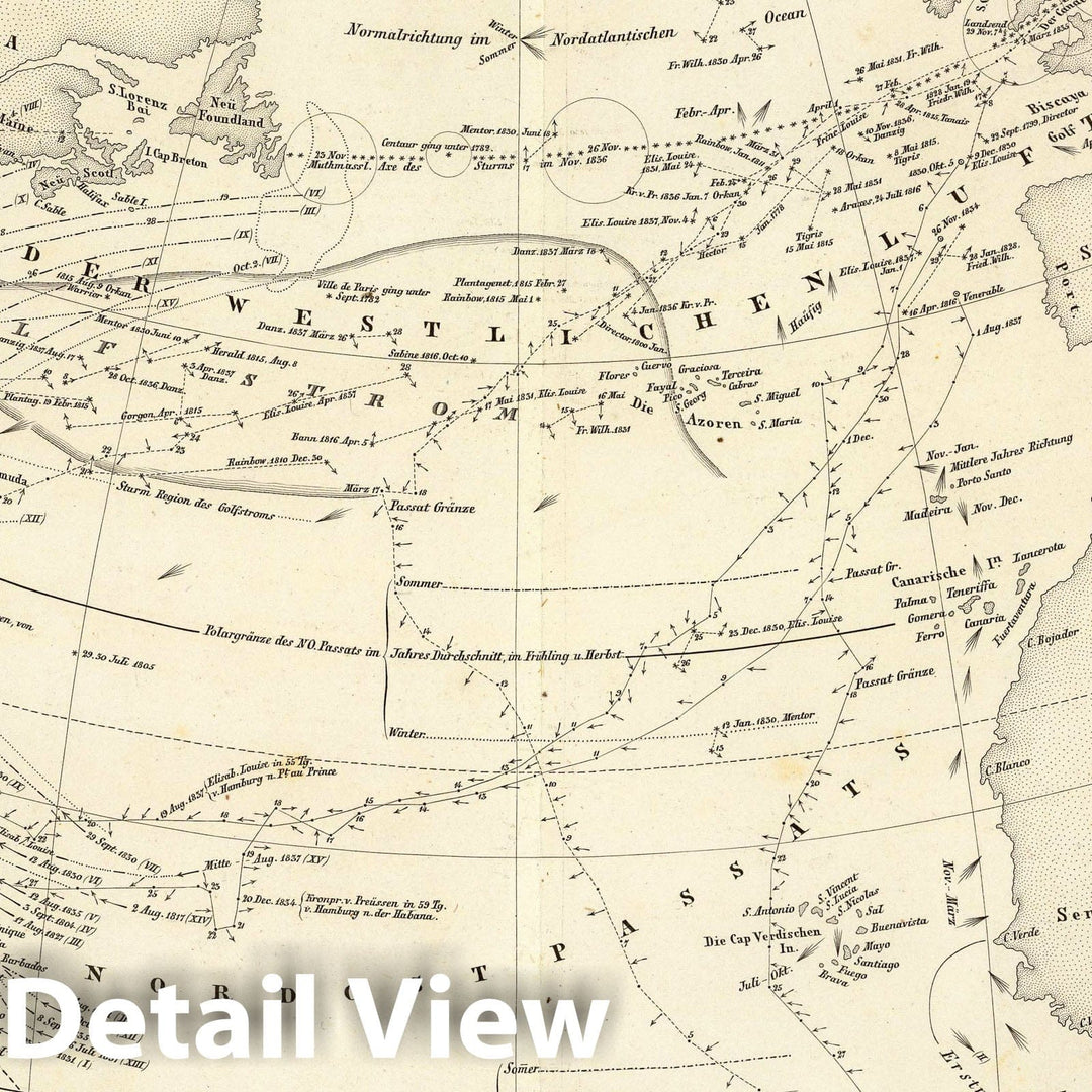 Historic Map : 1849 Die Luftstromungen auf dem Nordatlantishcen Ocean. - Vintage Wall Art