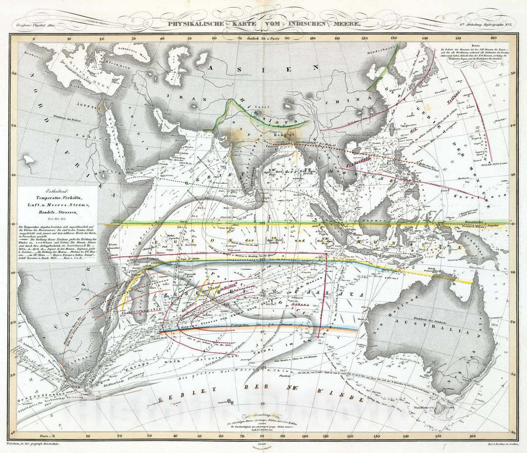 Historic Map : Australia; Indonesia, , Indian Ocean 1840 Physikalische Karte vom Indischen Meere. , Vintage Wall Art