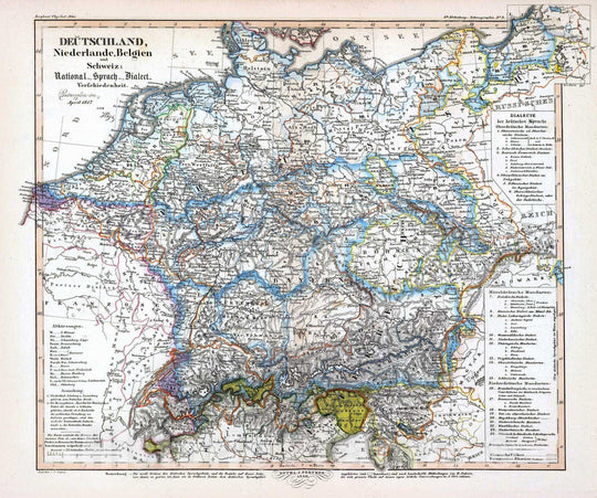 Historic Map : Germany; Netherlands, 1848 Deutschland, Niederlande, Belgien und Schweiz: National, Sprach, Dialect Verschiedenheit. , Vintage Wall Art