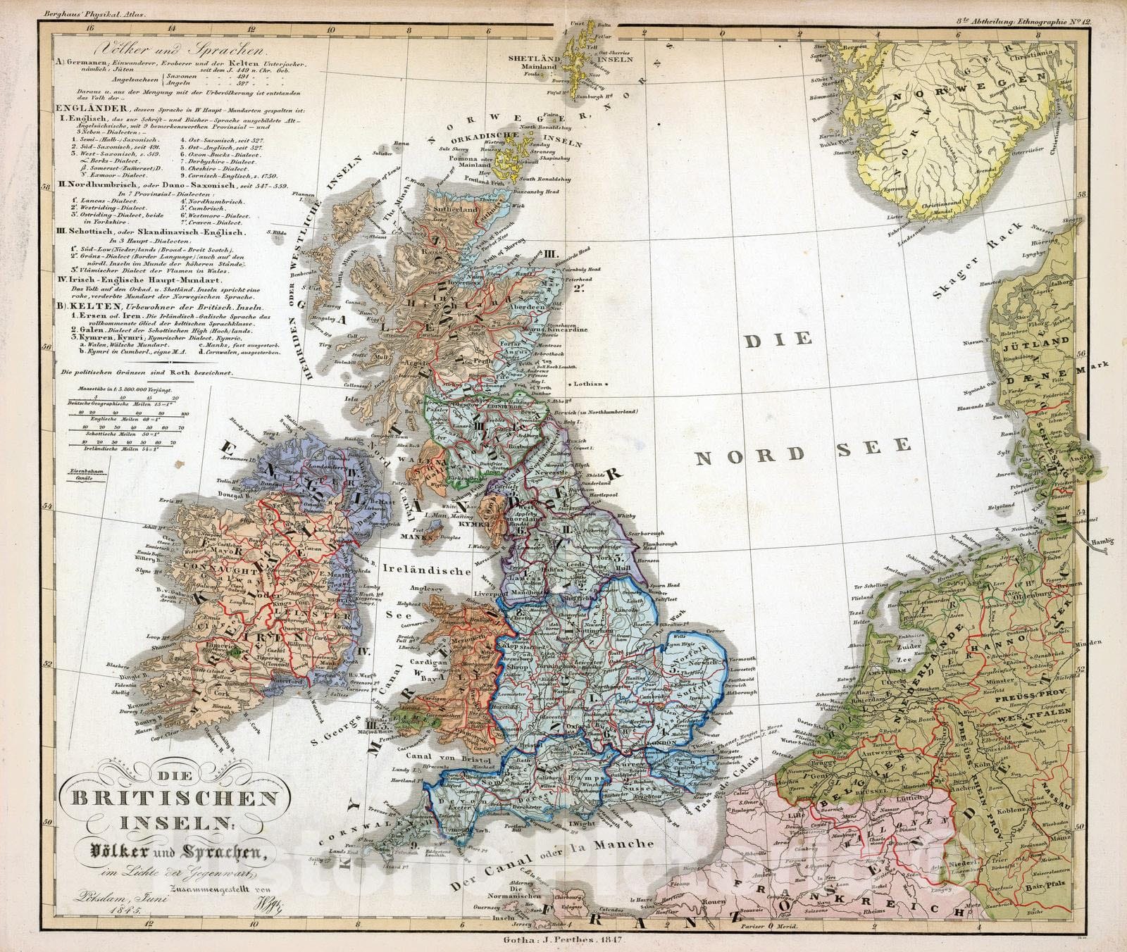 Historic Map : England; Ireland, 1847 Die Britischen Inseln: Volker und Sprachen. , Vintage Wall Art