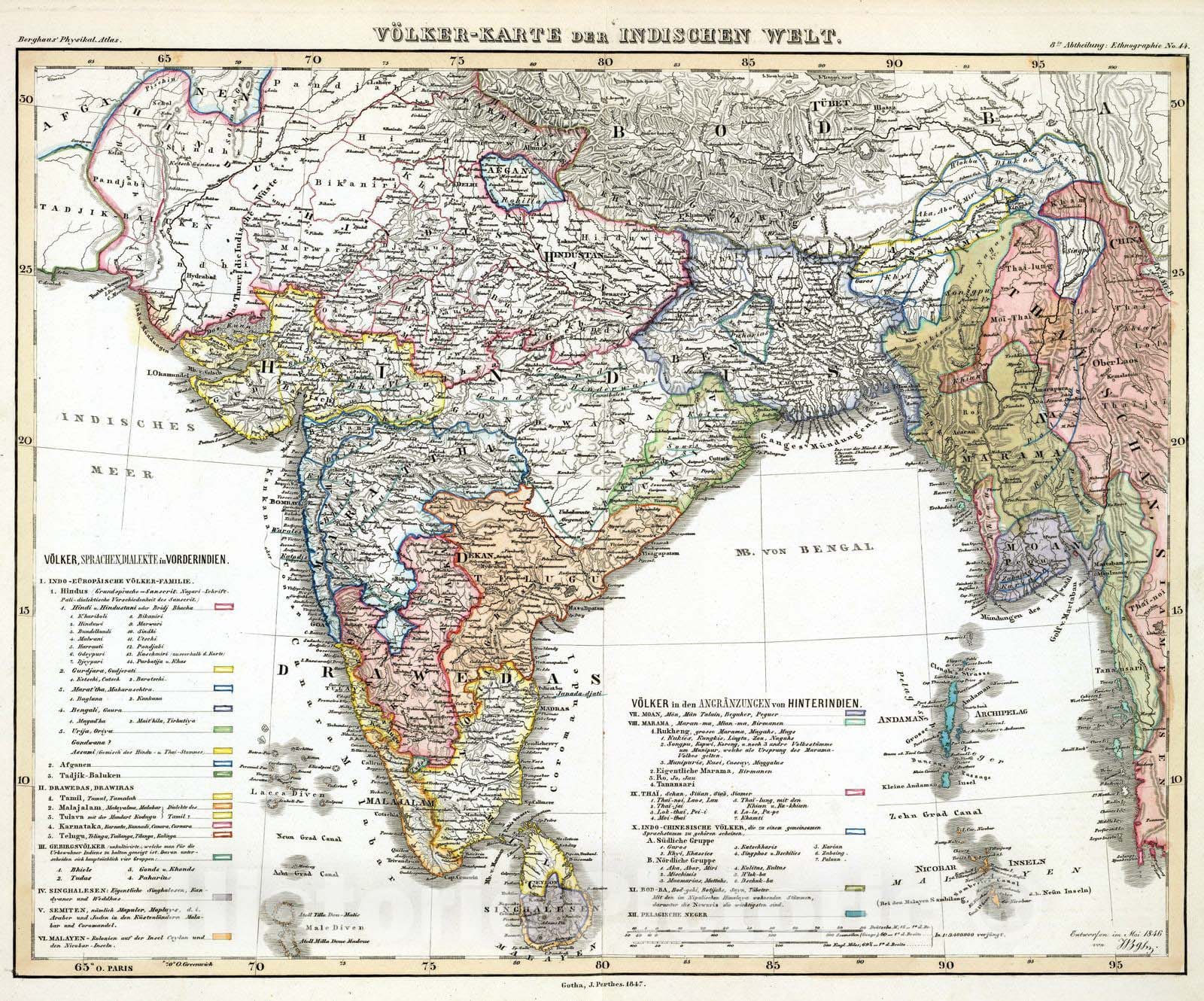 Historic Map : India, Southeast Asia 1847 Volker-Karte der Indischen Welt. , Vintage Wall Art