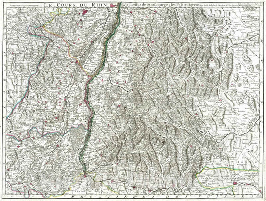 Historic Map : France; Germany, Rhine River Valley 1704 Le Cours du Rhin au dessus de Strasbourg, les Pais adjacens. , Vintage Wall Art