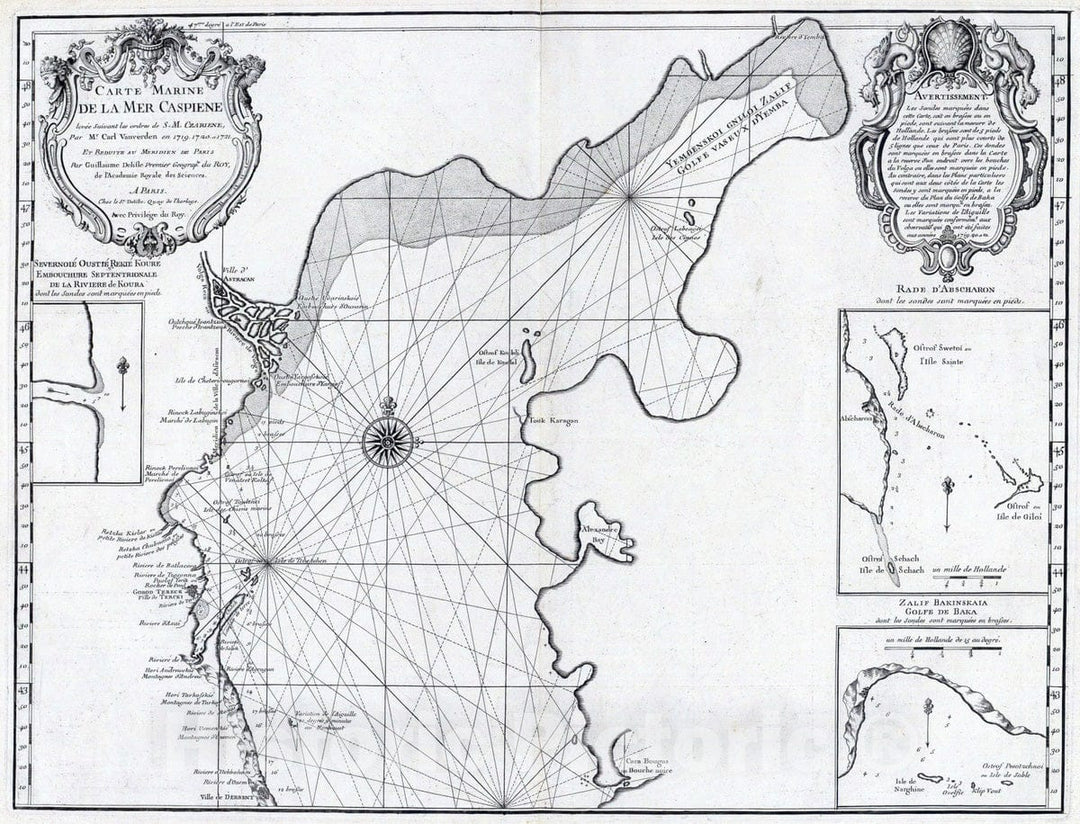 Historic Map : Caspian Sea, Asia 1721 Mer Caspienne, carte marine (northern sheet) , Vintage Wall Art