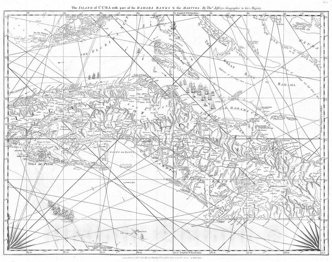 Historic Map : 1775 The Island of Cuba with part of the Bahama Banks & the Martyrs. - Vintage Wall Art