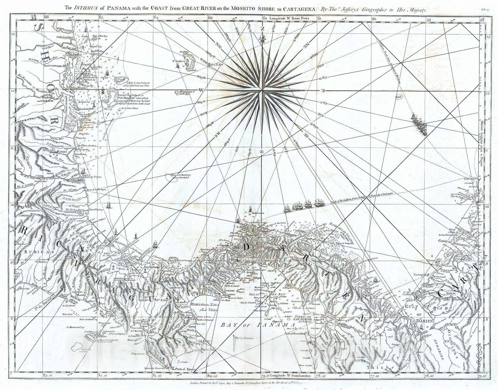 Historic Map : 1775 The Isthmus of Panama with the coast from Great River on the Moskito Shore to Cartagena. - Vintage Wall Art