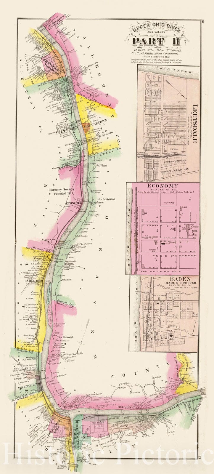 Historic Map : 1877 Upper Ohio River and Valley part II, 12 to 31 miles below Pittsburgh, (with) Economy, Baden. - Vintage Wall Art