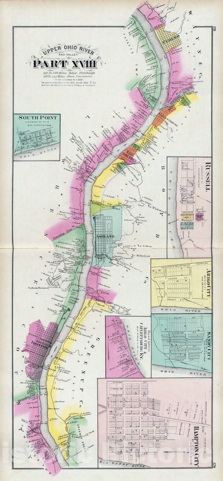 Historic Map : 1877 Upper Ohio River and Valley part XVII, (with) South Point, Ohio, Russell, Arigo City, Sandy City, Hampton City, Ky. v2