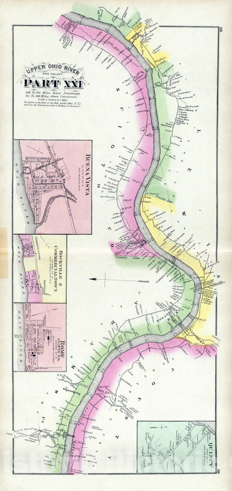 Historic Map - 1877 Upper Ohio River and Valley part XXI, 362 to 381 miles below Pittsburgh, Buena Vista, Rockville & Commercialtown, Rome, Ohio. - Vintage Wall Art