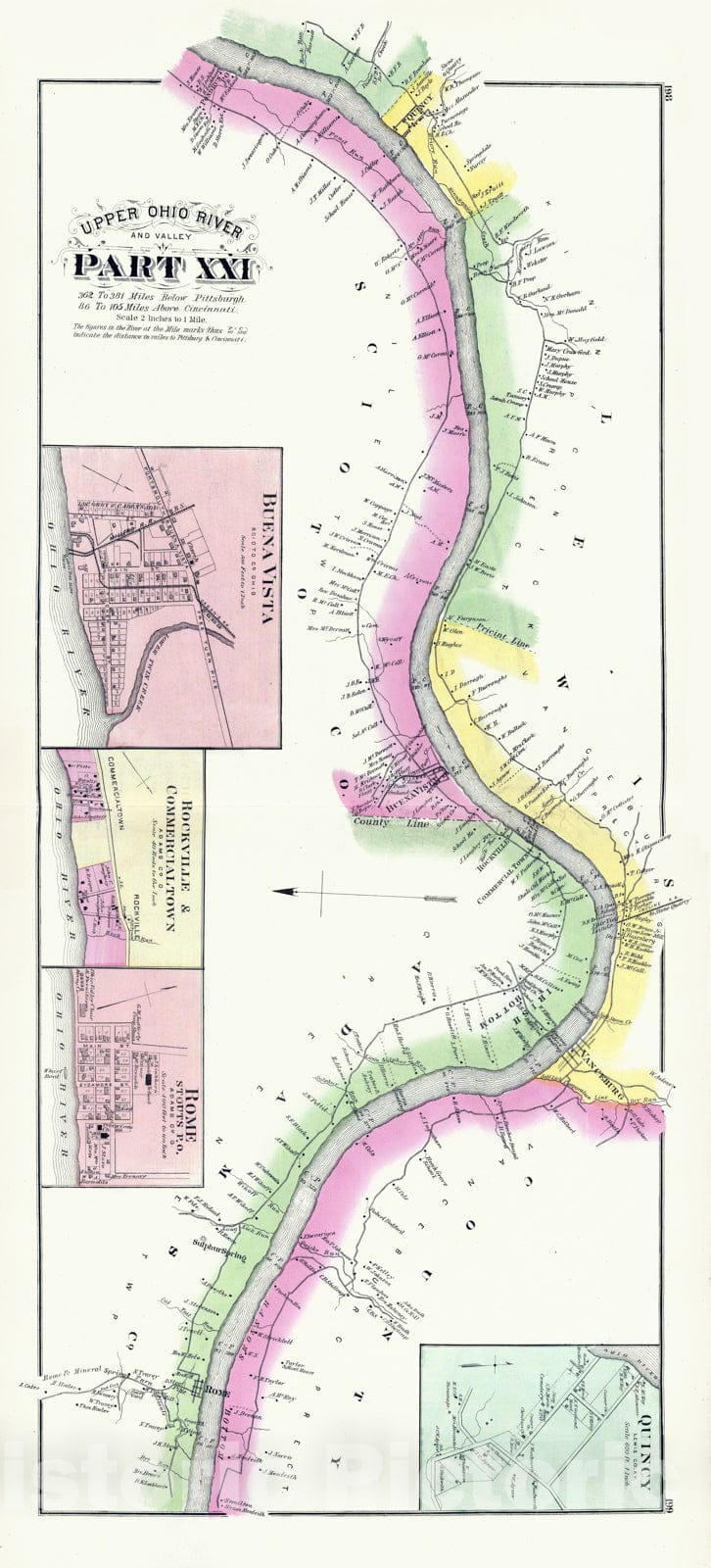 Historic Map - 1877 Upper Ohio River and Valley part XXI, 362 to 381 miles below Pittsburgh, Buena Vista, Rockville & Commercialtown, Rome, Ohio. - Vintage Wall Art