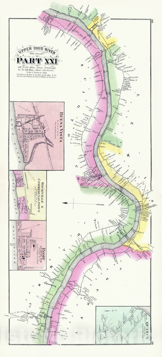 Historic Map - 1877 Upper Ohio River and Valley part XXI, 362 to 381 miles below Pittsburgh, Buena Vista, Rockville & Commercialtown, Rome, Ohio. - Vintage Wall Art