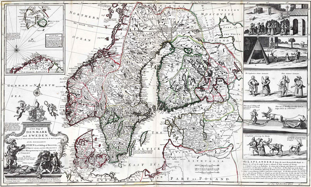 Historic Map : 1732 Denmark and Sweden. - Vintage Wall Art