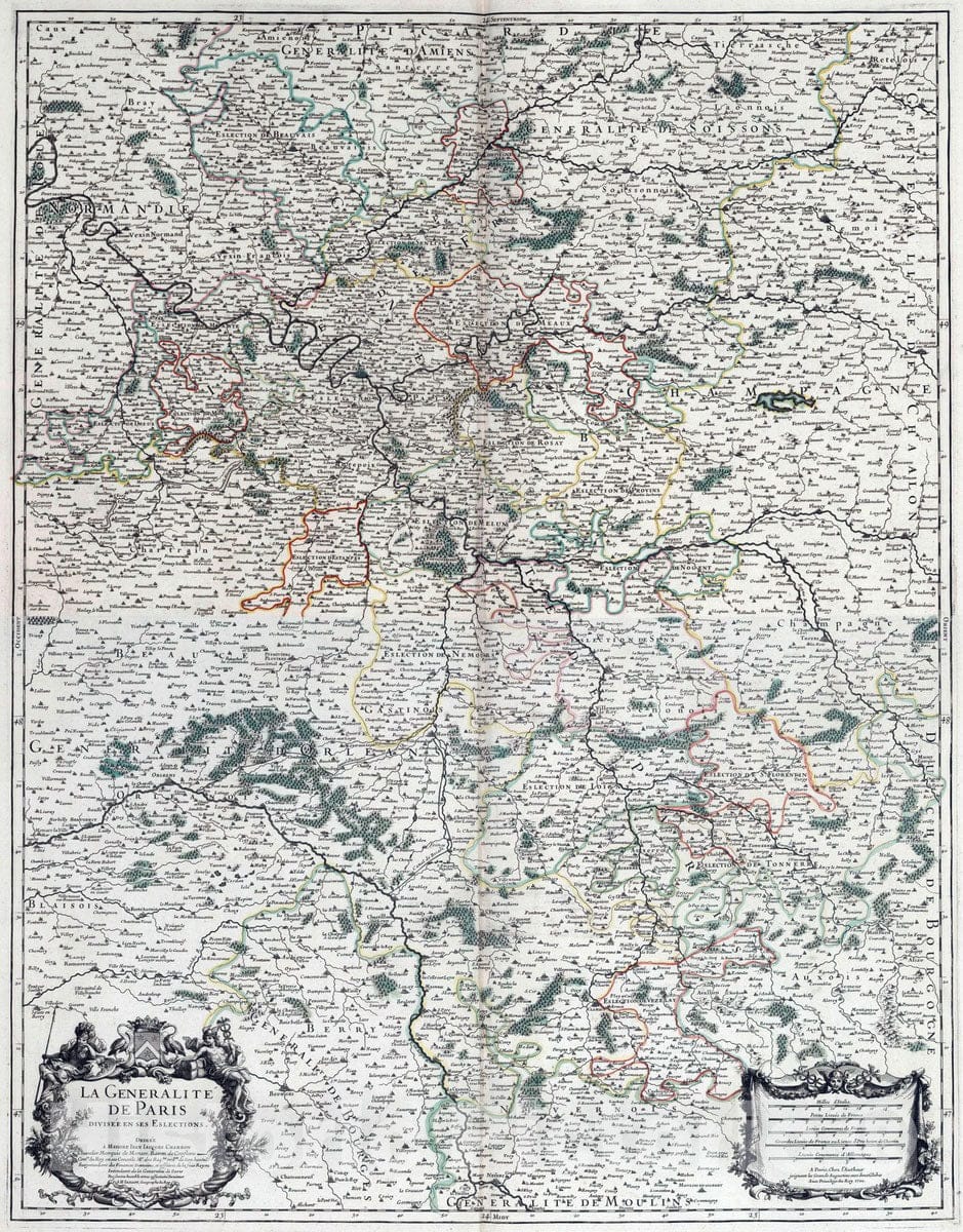 Historic Map : L'Isle D'France, France 1695 Composite Map: La Generalite de Paris. , Vintage Wall Art