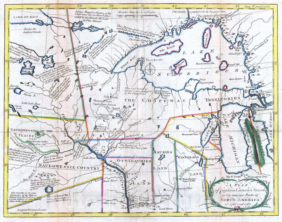 Historic Map : Exploration Book - 1781 Plan of Captain Carvers Travels in the interior Parts of North America. - Vintage Wall Art