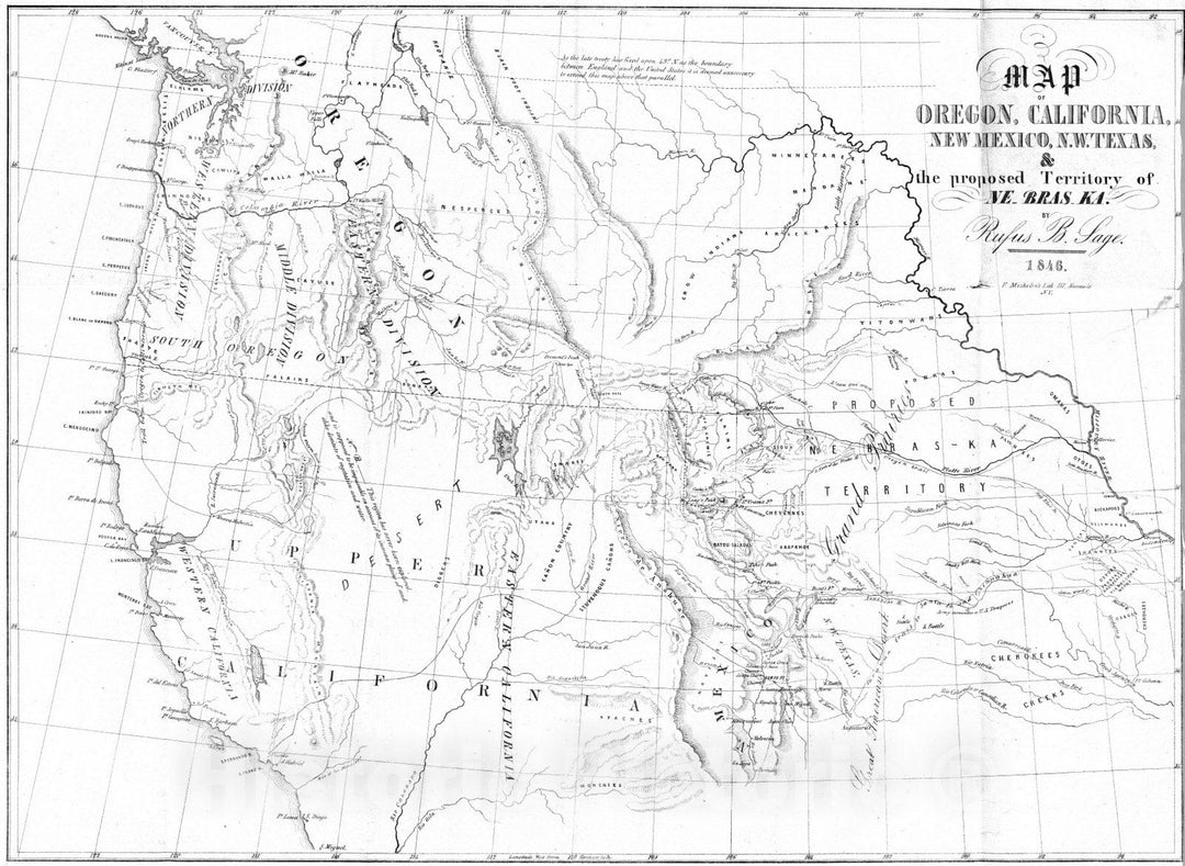 Historic Map : Exploration Book - 1846 Map of Oregon, California, New Mexico, N.W. Texas &, Ne-Bras-Ka. - Vintage Wall Art