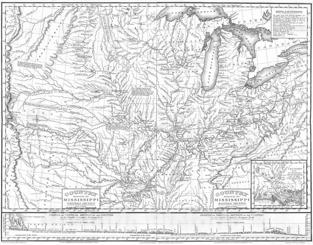 Historic Map : Exploration Book - 1823 Composite: Country drained by the Mississippi. - Vintage Wall Art