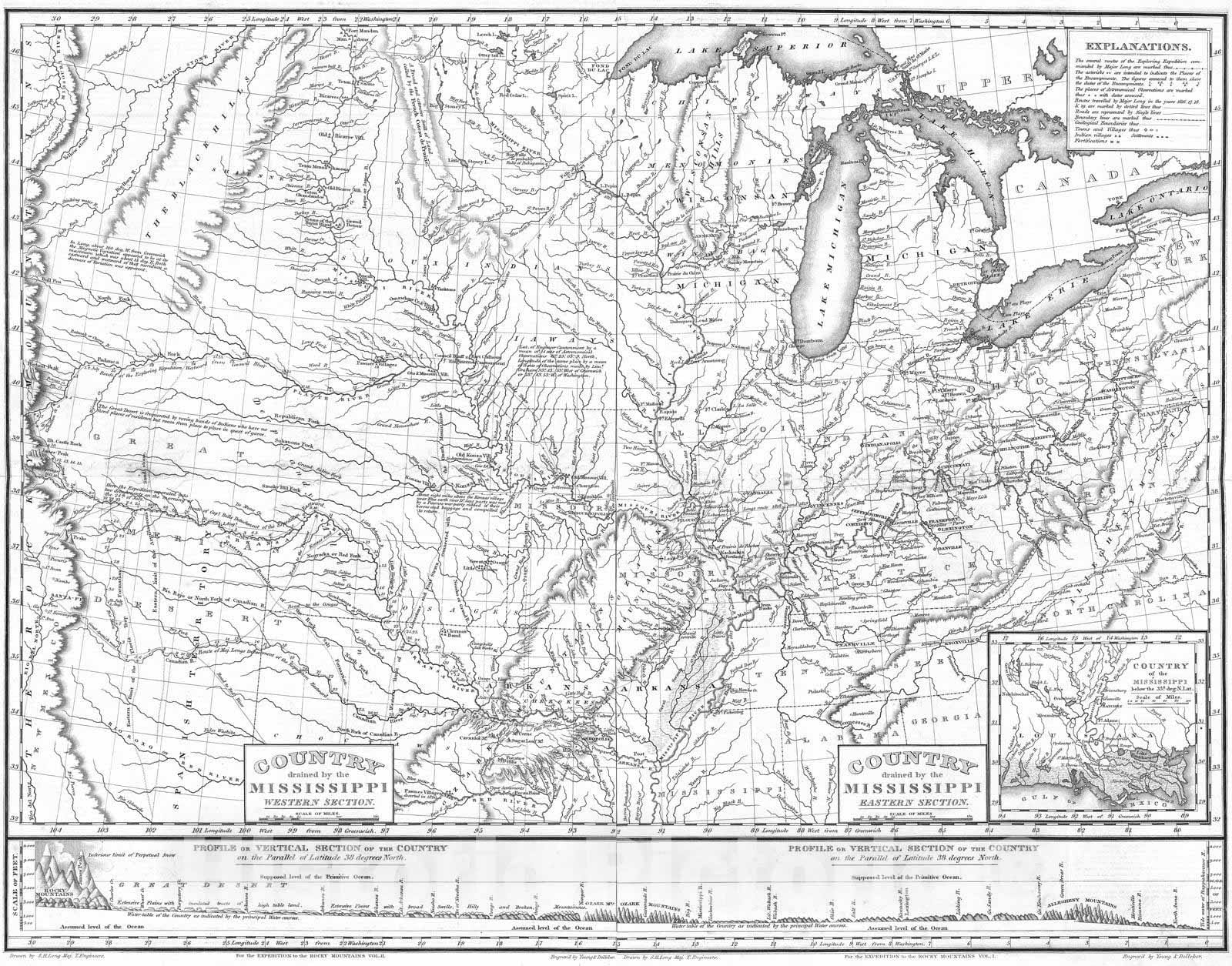 Historic Map : Exploration Book - 1823 Composite: Country drained by the Mississippi. - Vintage Wall Art