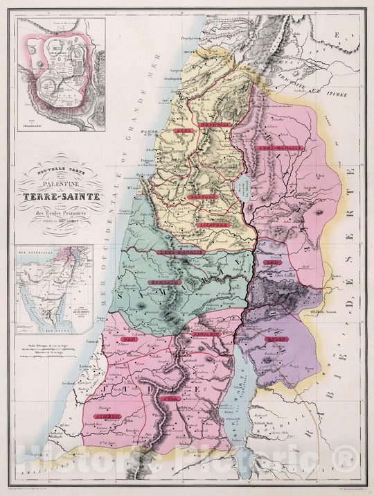 Historic Map : Palestime , Jerusalem (Israel), Holy Land 1876 Nouvelle Carte de la Palestine ou Terre-Sainte a L'Usage de Ecoles Primaires. , Vintage Wall Art