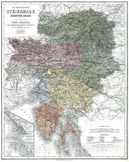 Historic Map : Slovenia, 1879 Duchies Steiermark, Kaerten, Krain, Goerz and Gradiska , Vintage Wall Art