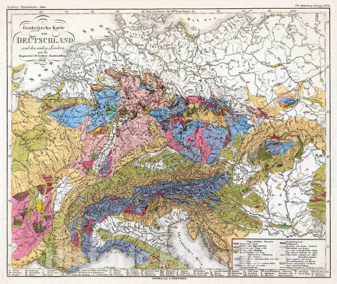 Historic Map : Germany, 1843 Geologische Karte von Deutschland und den anlieg. , Vintage Wall Art