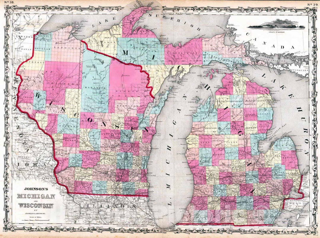 Historic Map : 1860 Michigan And Wisconsin. - Vintage Wall Art