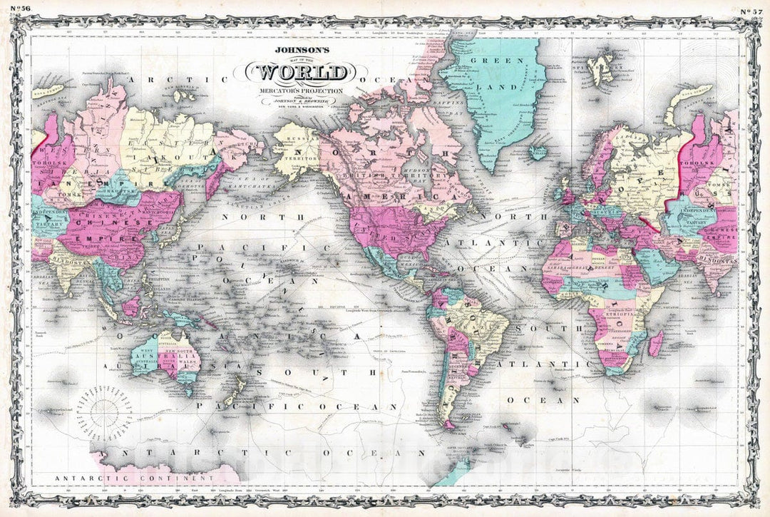 Historic Map : 1860 Map Of The World on Mercator's Projection. - Vintage Wall Art