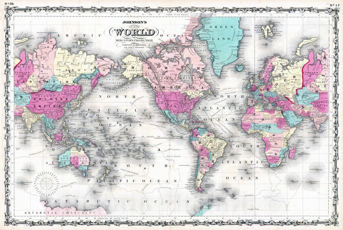 Historic Map : 1860 Map Of The World on Mercator's Projection. - Vintage Wall Art