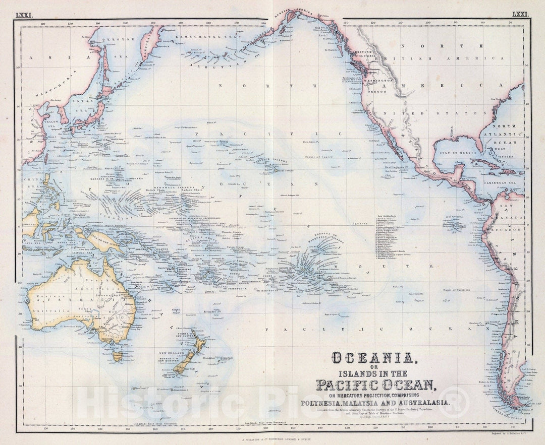 Historic Map : 1872 Oceania, or Islands in the Pacific Ocean. - Vintage Wall Art