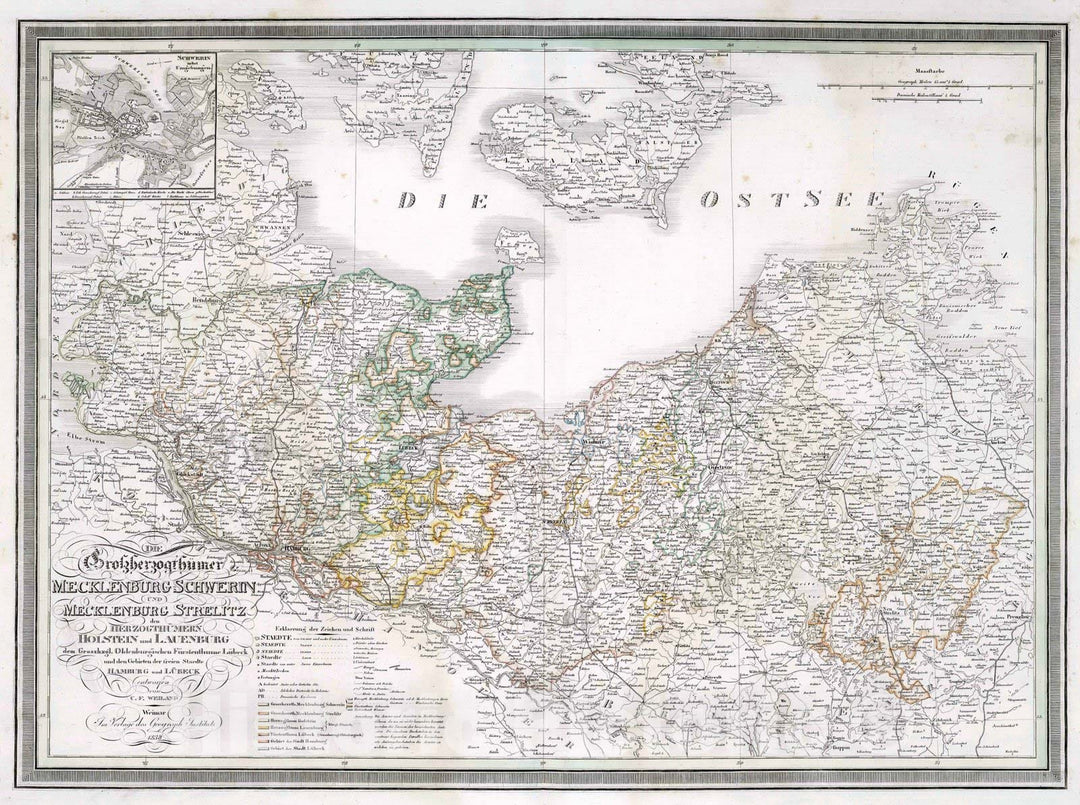 Historic Map : Mecklenburg - Schwerin , Germany 1838 Mecklenburg - Schwerin, Mecklenburg - Strelitz, Holstein and Lauenburg. , Vintage Wall Art