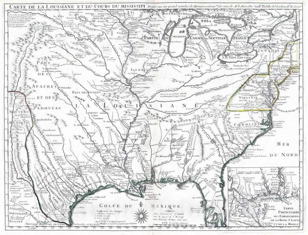 Historic Map : Canada; United States, Texas, Mississippi River Region, North America 1718 Louisiane, Cours du Mississipi. , Vintage Wall Art