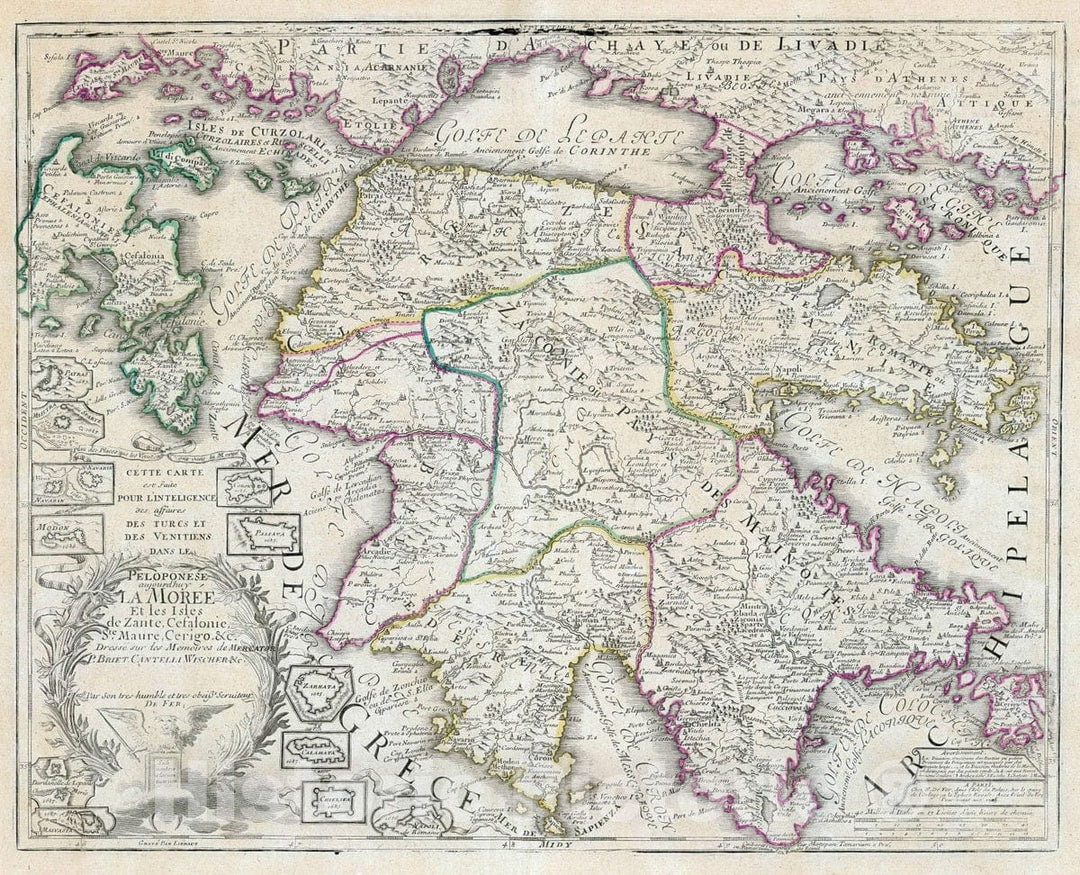 Historic Map : Greece, Peloponnesus 1705 Cette carte est faite pour l'intelligence des affaires des Turcs et des Venitiens dans le Peloponese , Vintage Wall Art